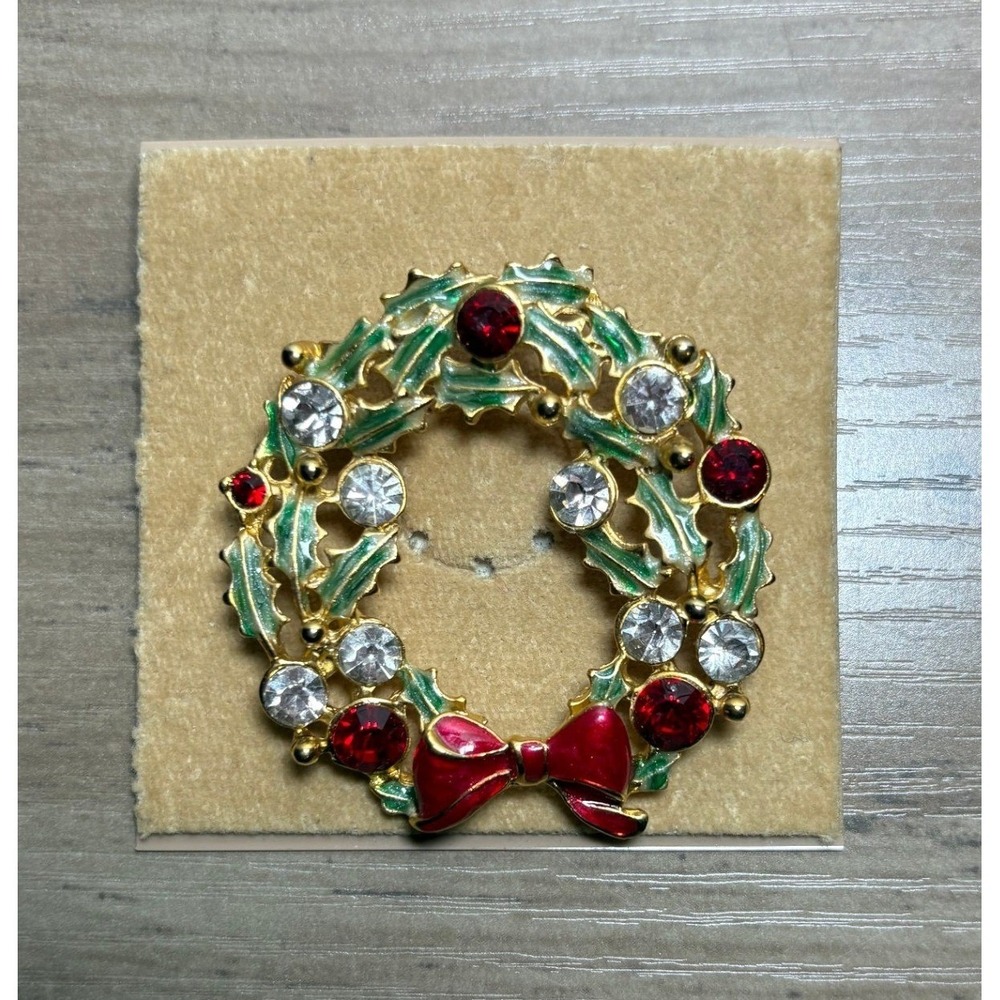 NEW Christmas Wreath Brooch Gold Red Green Rhinestone Enamel
